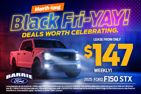 2025 Ford F-150 STX pickup truck shown with headlights on, promoting a $147 weekly lease as part of Barrie Ford’s Black Fri-YAY month-long sales event.